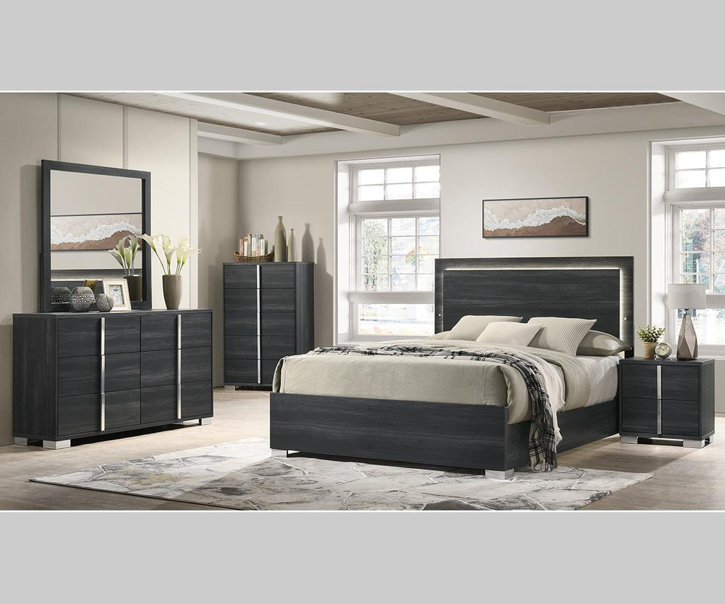 photo chambre contemporaine avec base de lit Freya Queen grise contemporaineavec LED intégrées