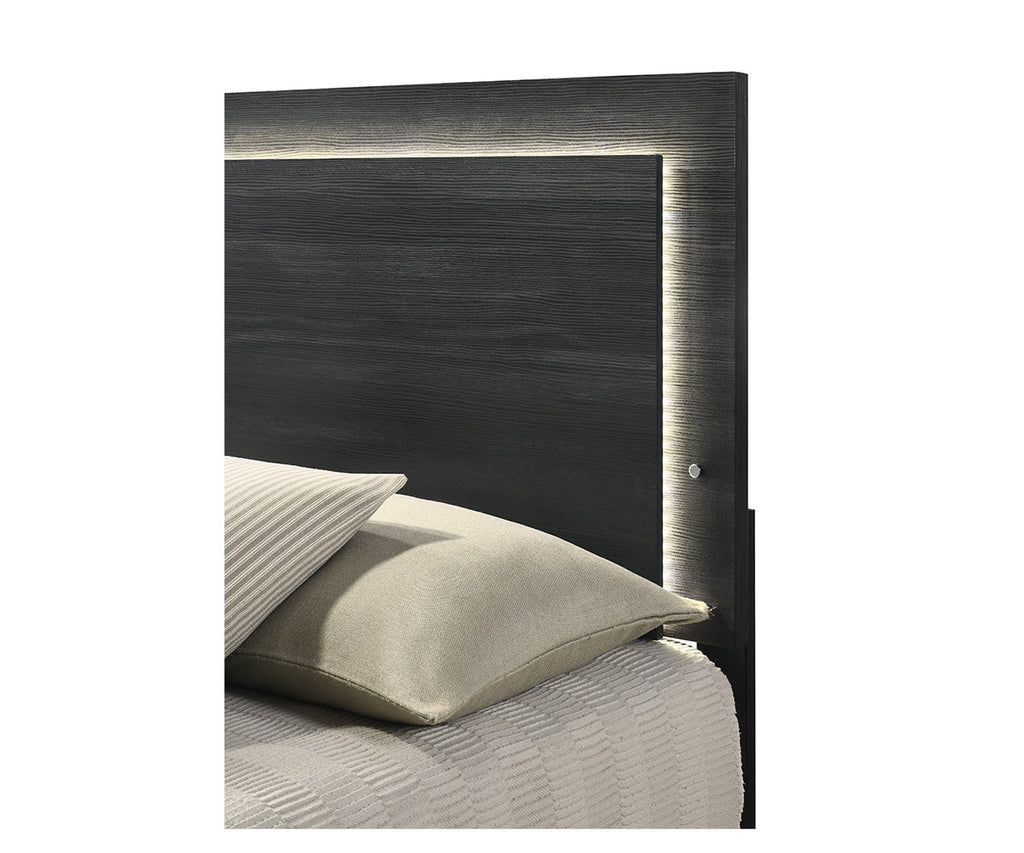 Détails bois de la base de lit Freya Queen grise contemporaine avec LED intégrées